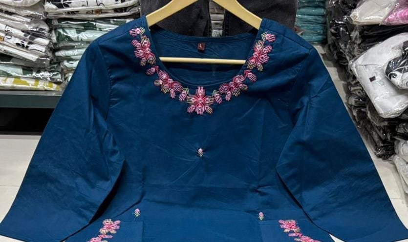 Blue Cotton Coord Set with Embroidered Top and Pant